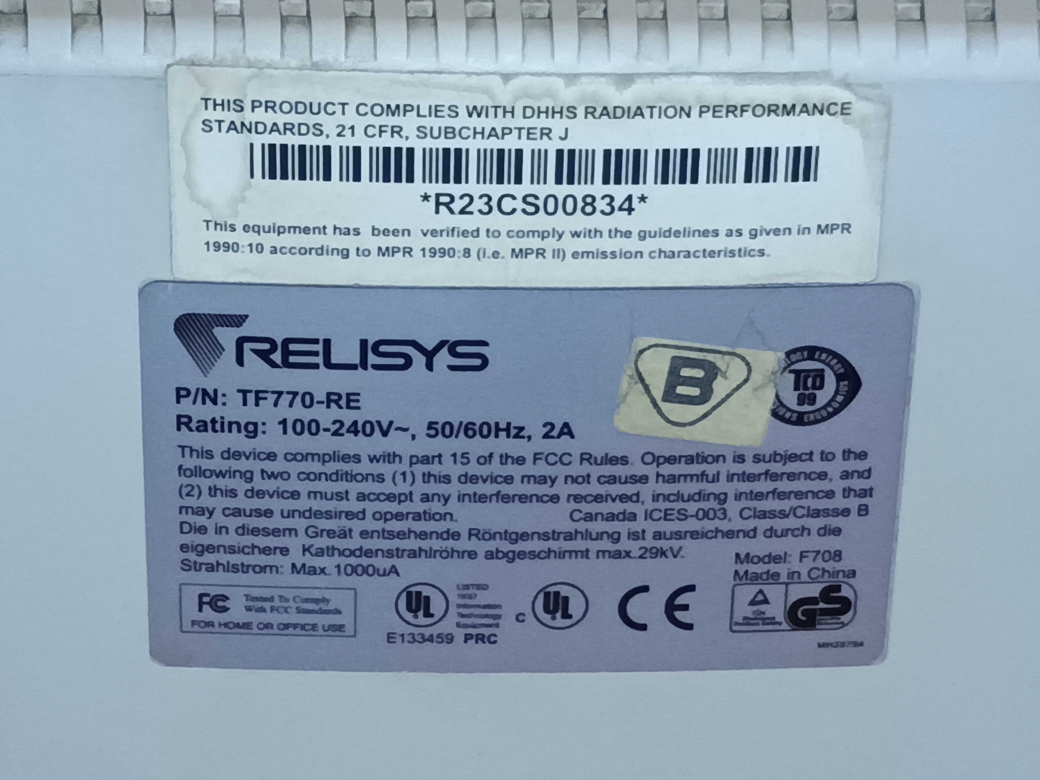 Monitor kineskopowy CRT retro Relisys TF770-RE