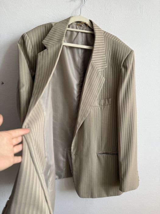 Marynarka solidna męska elegancka beżowa w paski XL XXL