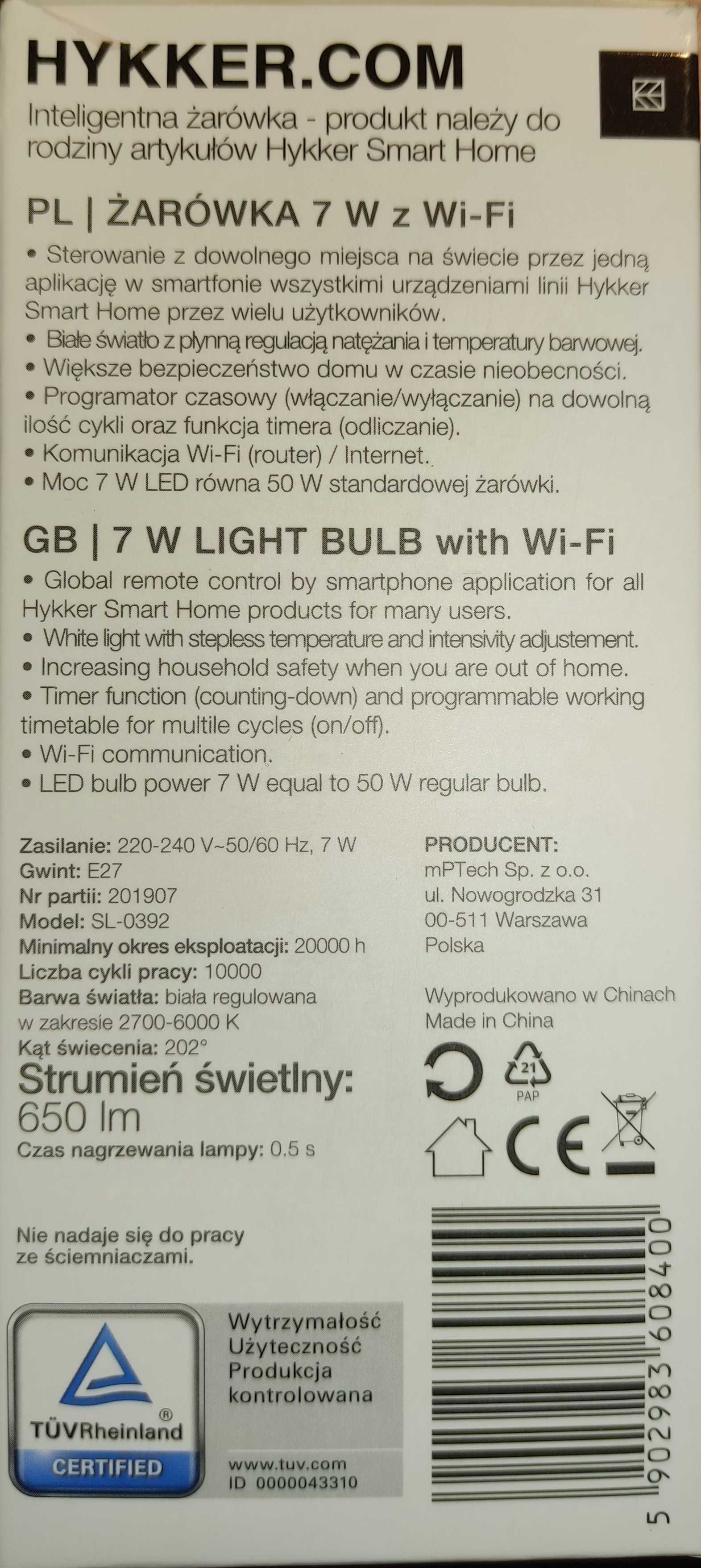 Inteligentna żarówka 7w z WI-FI  E27