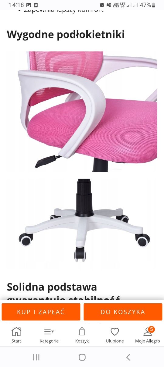 Krzesło fotel biurowy obrotowy na kółkach różowy