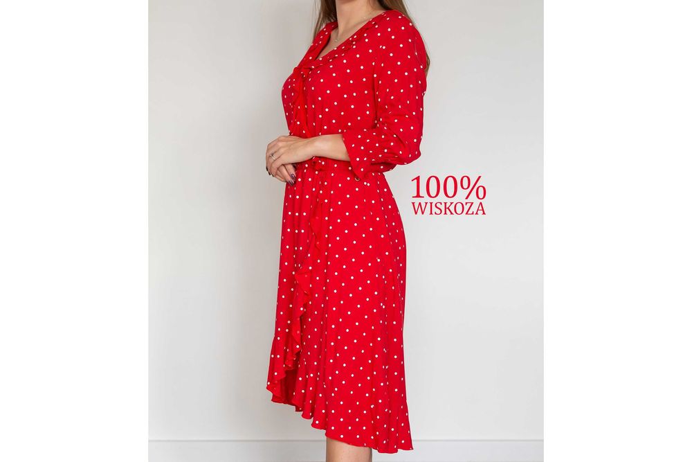 Czerwona sukienka kopertowa midi w grochy wiskoza pin up retro vintage