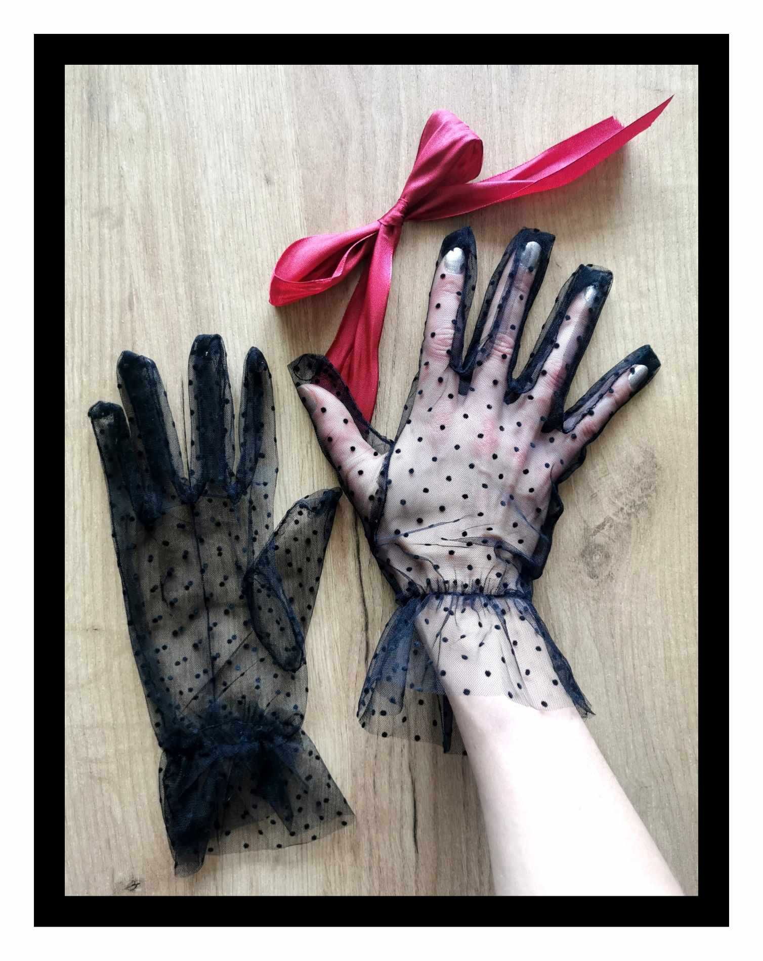 Rękawiczki w kropki (rozm. uniwersalny) #czarne #tiulowe #lolita