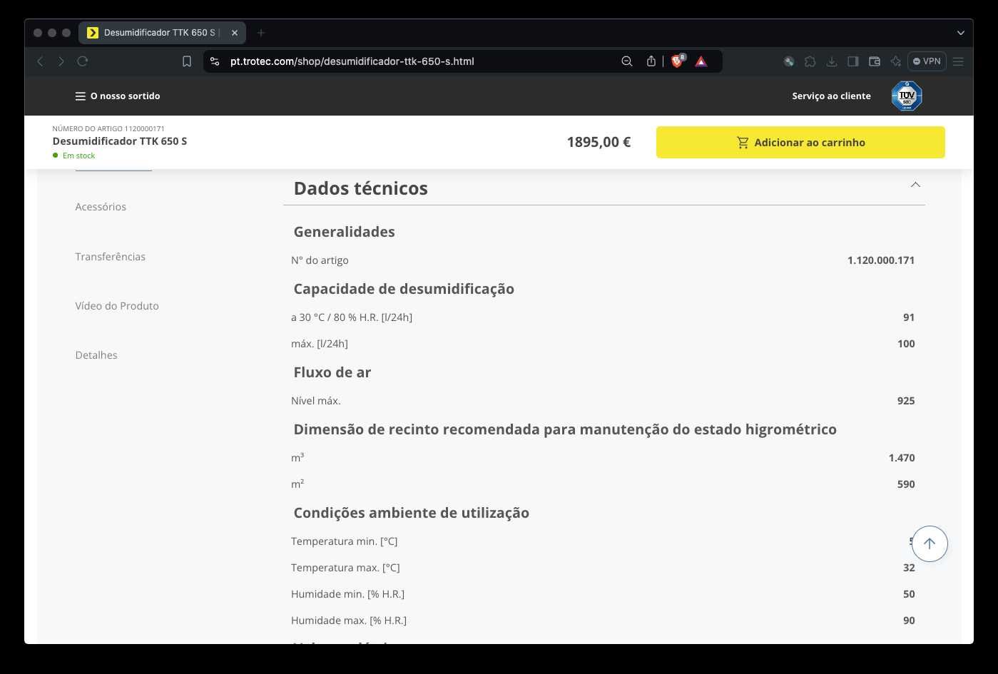 Desumidificador Profissional 100L/24h - p/1470m3 Praticamente novo