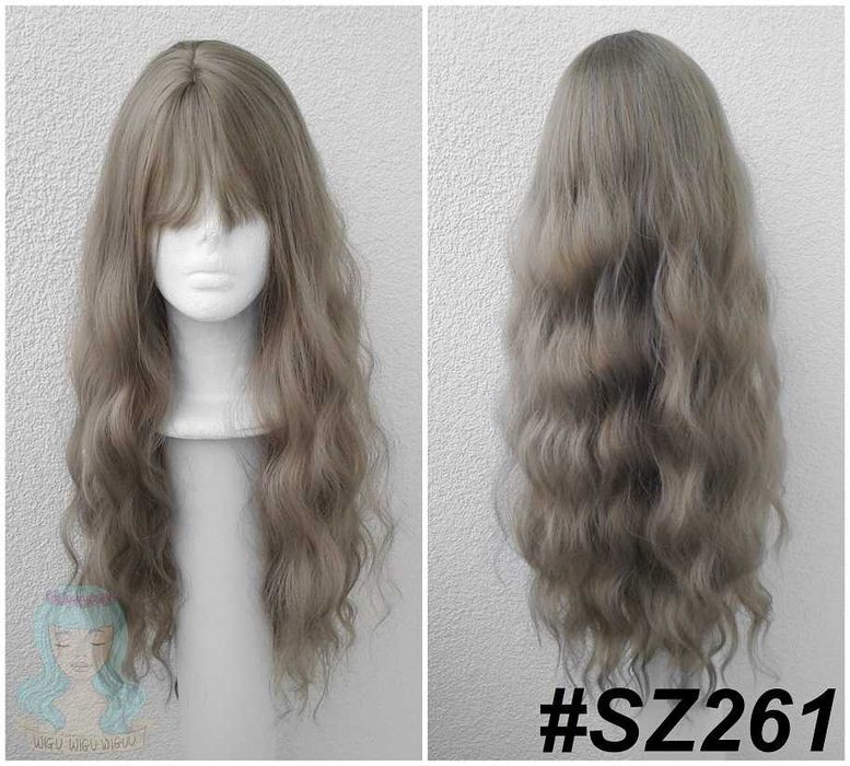 Szara brudny szary peruka falowana długa z prostą grzywką cosplay wig