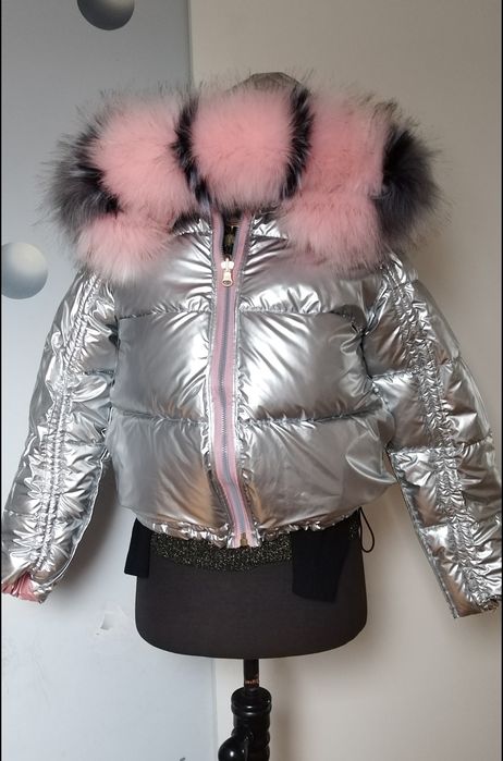 Kurtka dwustronna lakierowanea młodzieżowa srebrna różowa z kapturem