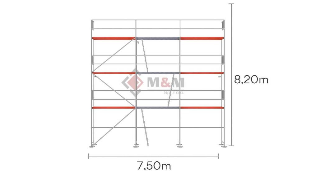 Rusztowanie elewacyjne 7,5x8m 60m2 Podesty drewniane 2,5m