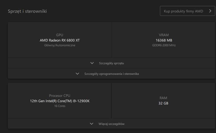 Komputer i9 12900K, RX 6800XT 16GB, 32GB RAM, 1TB SSD.