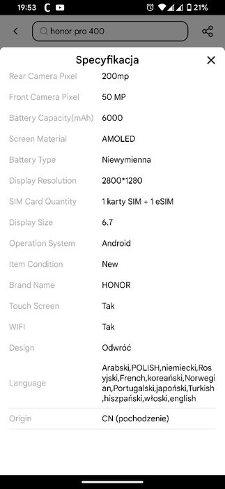 Smartfon Honor 400 Pro 5G 12/512 GB