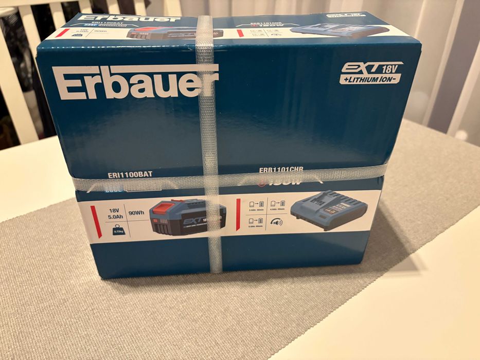 2x ładowarka Erbauer + akumulator 5Ah, nowe