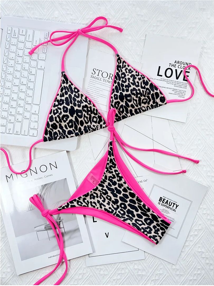 Strój Kąpielowy BIKINI Stringi SEXY Neon Wiązane Panterka - S