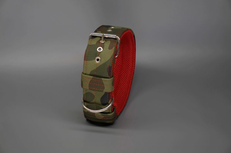 Obroża COMFORT szerokość 5cm. Obroża dla psa, kolor camo z czerwonym.