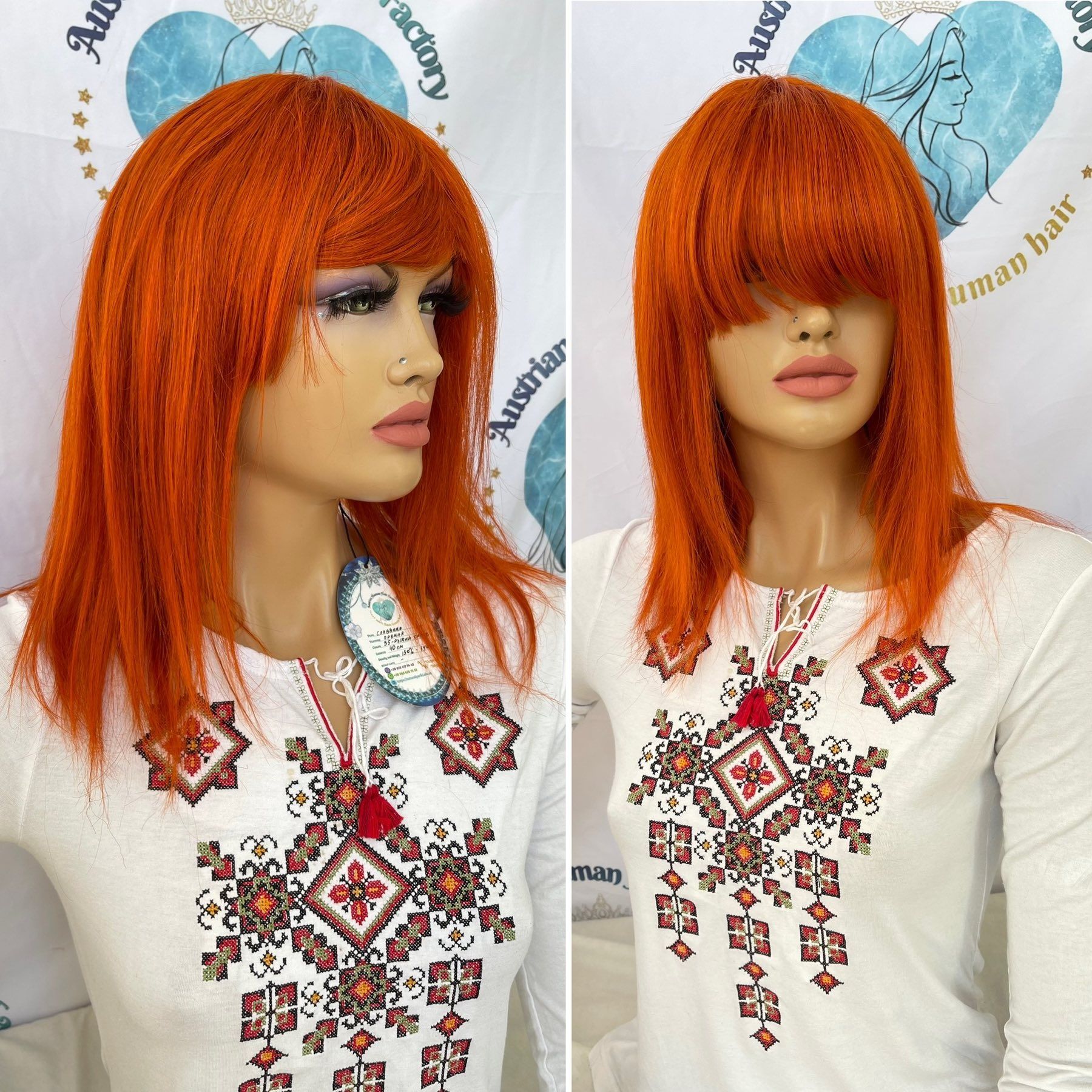 Натуральный парик славянские рыжие волосы с чёлкой 40 см