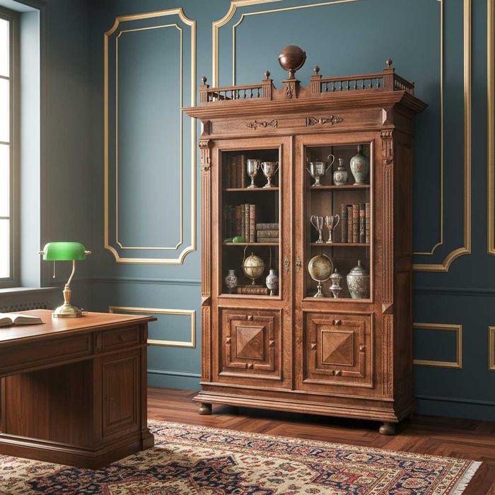 Dębowa WITRYNA eklektyczna DEKOR ażur balustrada GLOBUS korona 3 półki