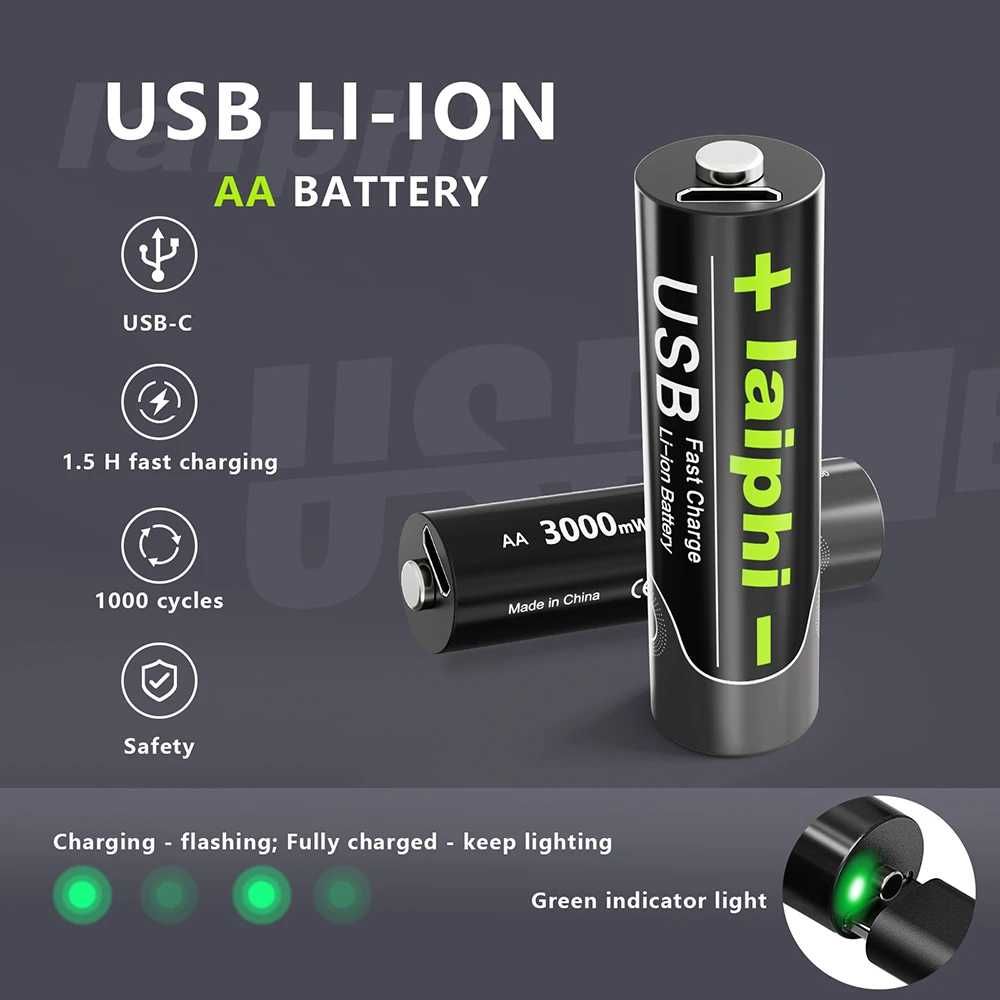 Акумулятор Laiphi AA AAA 1.5V USB Li-ion + кабель зарядки