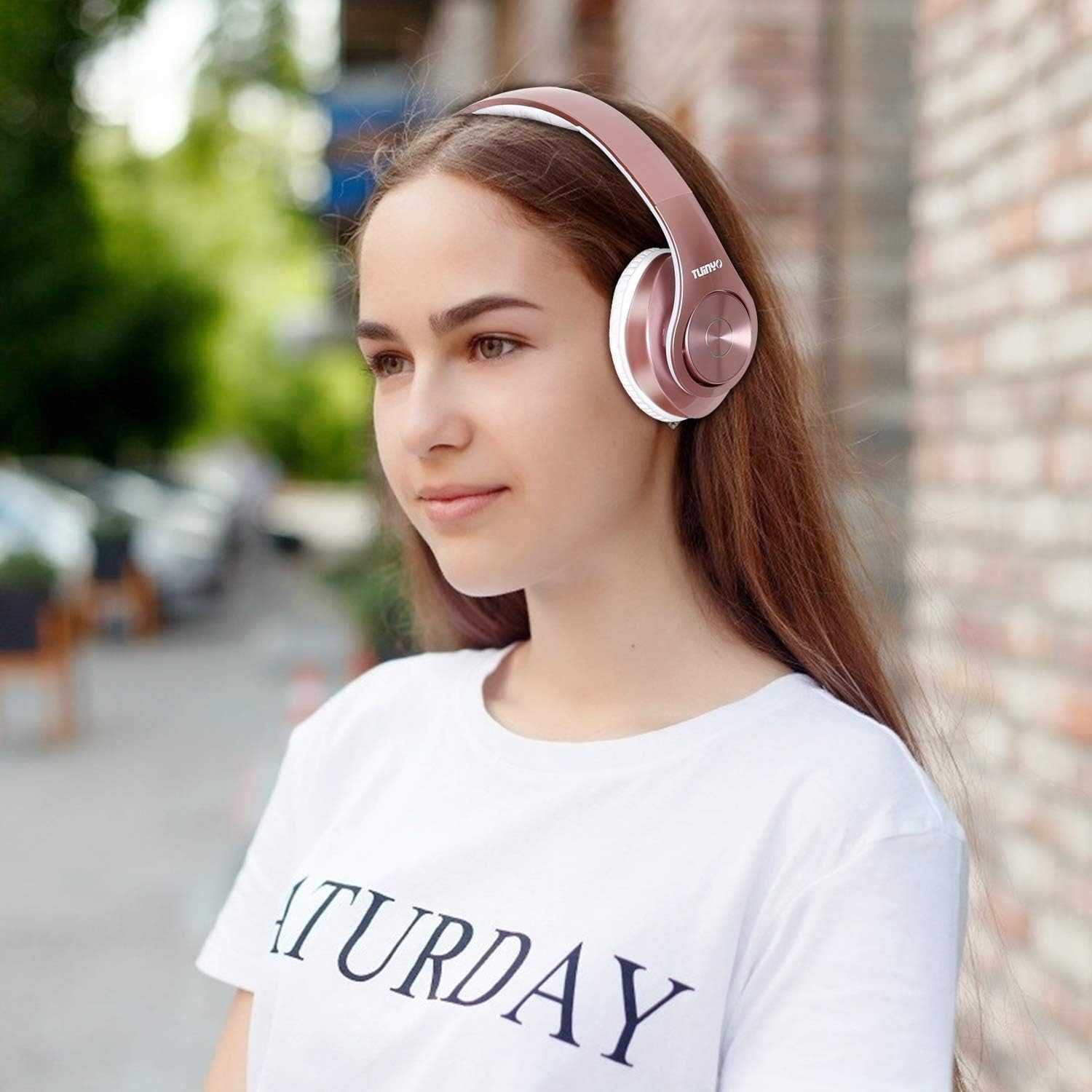 Słuchawki Bluetooth, nauszne z głębokim basem, różowe +pokrowiec