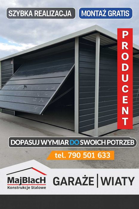 Jednospadowy Garaż Blaszany Grafit + zadaszeniem bocznym  - Maj-Blach