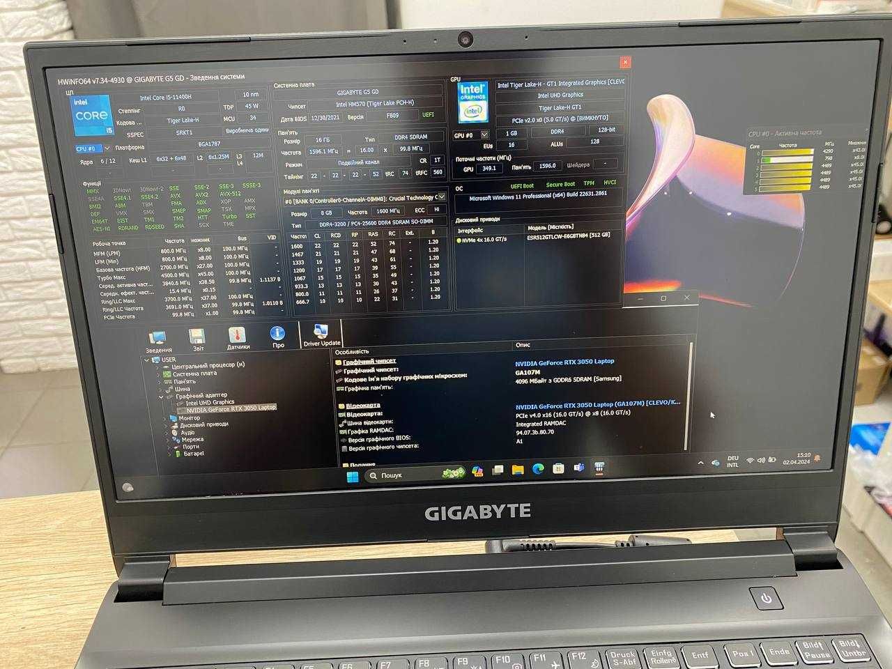 Ігровий ноутбук Gygabyte G5GD 15 Fhd 144Hz I5-11400H 16/512Gb RTX3050