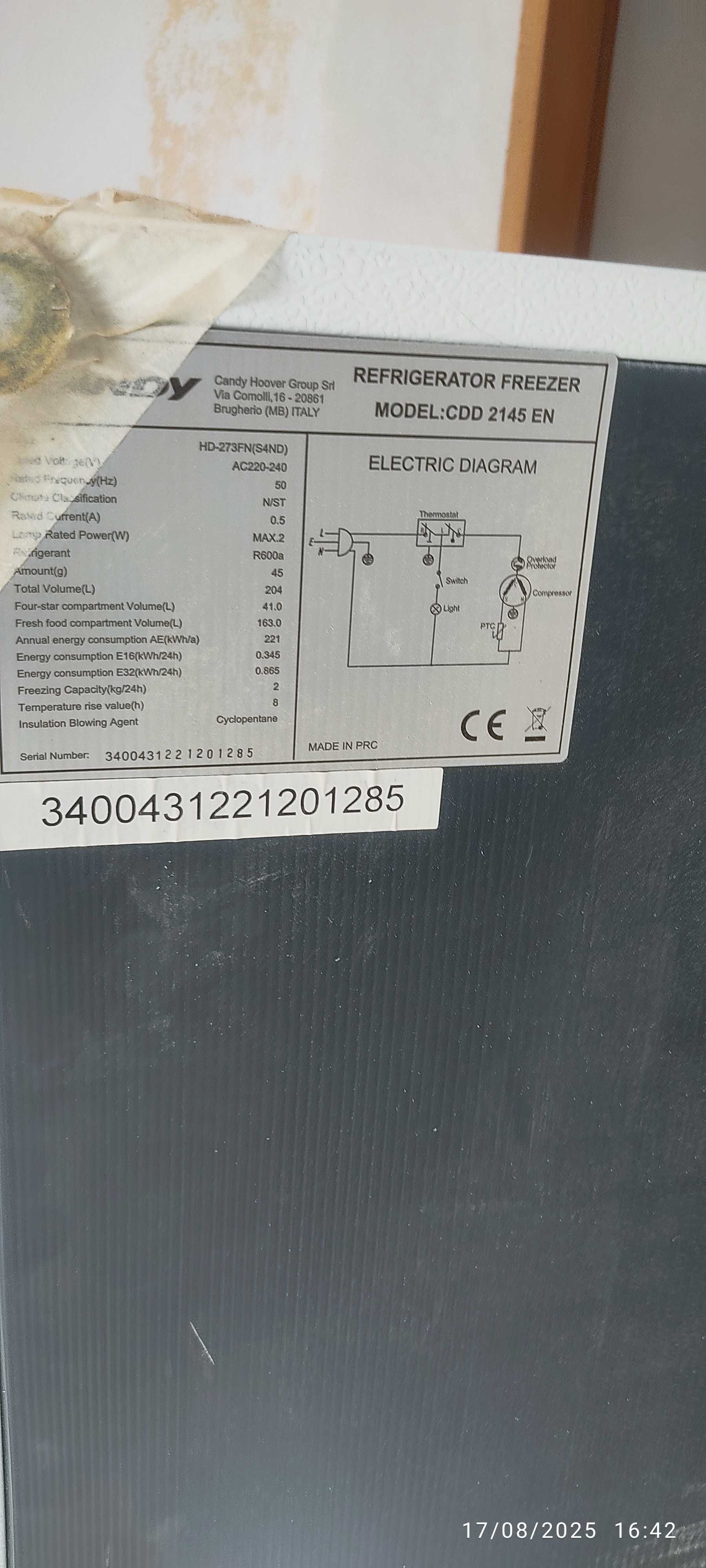 frigorifico candy 2 portas 204L