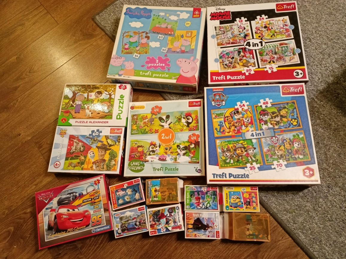 Zestaw puzzli 3+ 4+ psi patrol myszka Minnie Peppa Bolek o Lolek