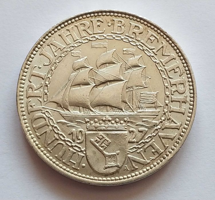 Niemcy, Republika Weimarska, 5 marek 1927 A, Bremerhaven, RZADKOŚĆ