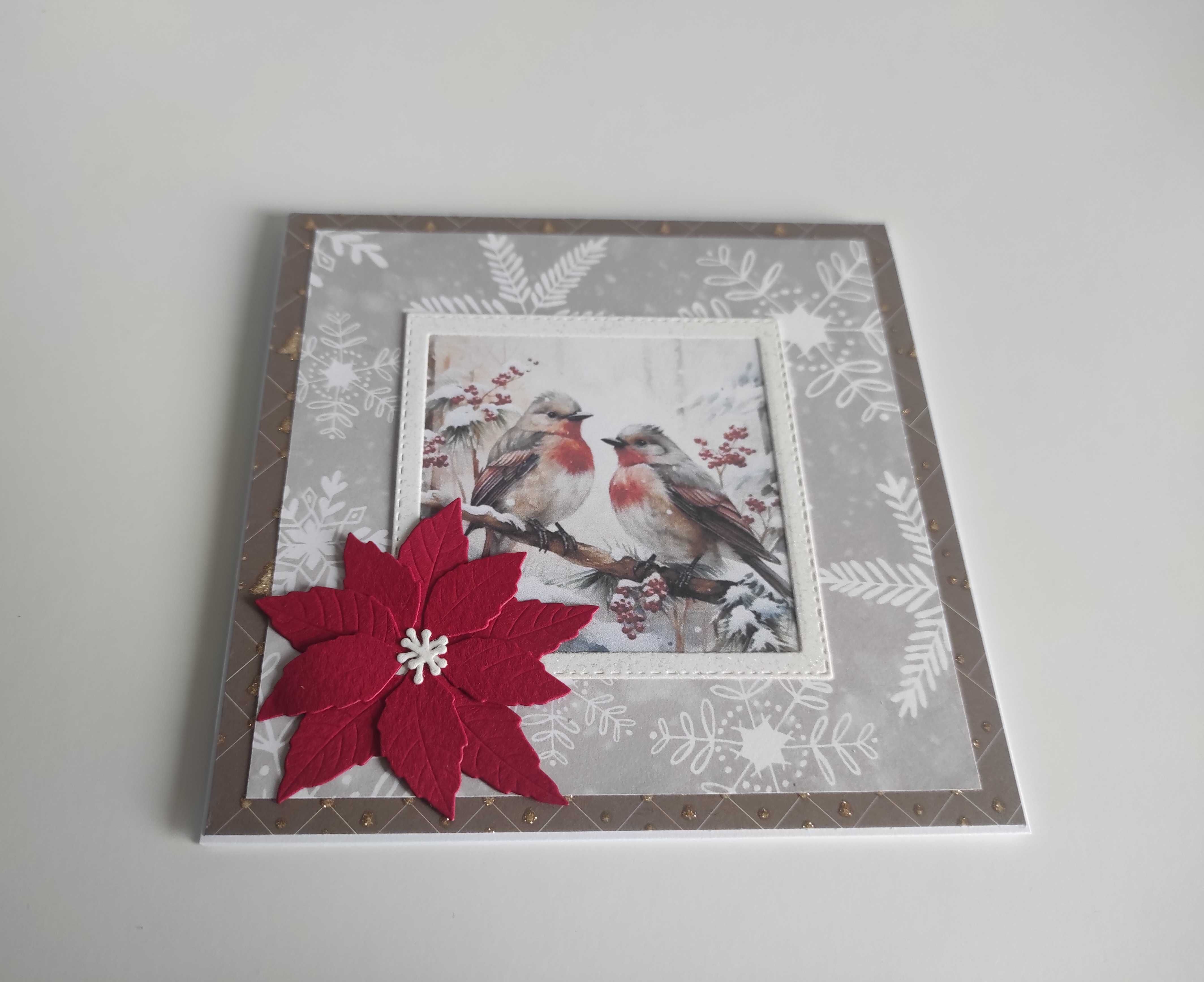 Kartka ręcznie robiona bożonarodzeniowa handmade ptaszki zimowe