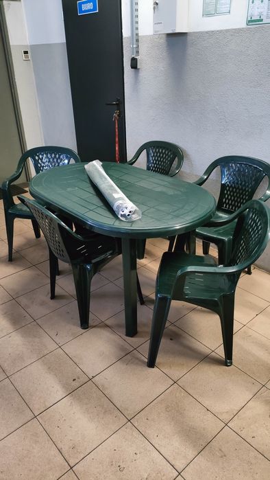 Meble ogrodowe 6+1 stół krzesła i parasol zielony nowe