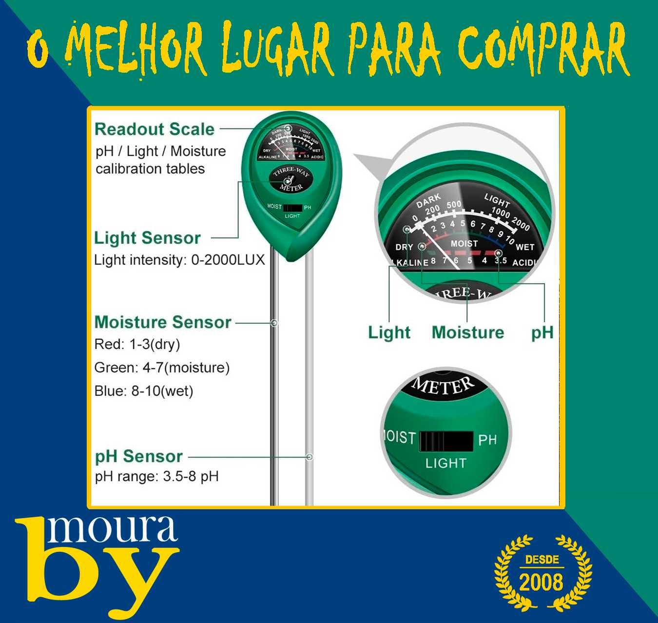 Medidor PH Umidade Água Solo Acidez Teste Luz Solar Flores Jardim