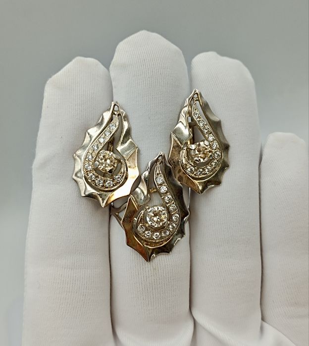Серебряный набор серьги и кольцо 925 пробы и золото 585