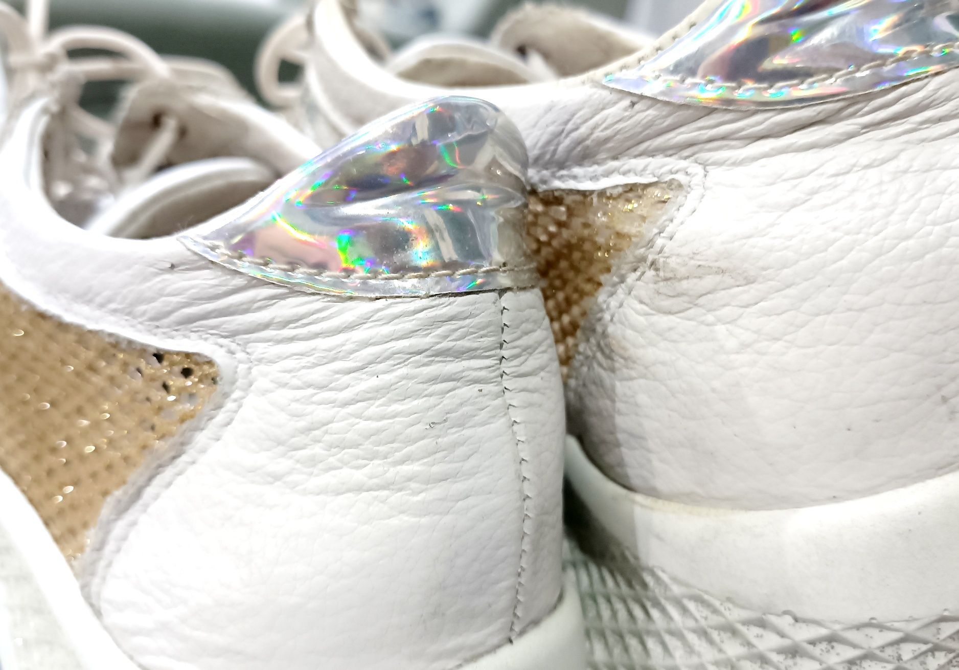 Białe buty skórzane adidasy złota siateczka srebrne zagadki 37