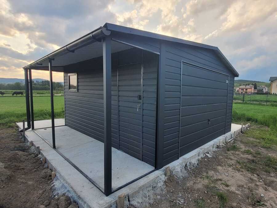 Garaż blaszak 4x5 z wiatą 1,5m akrylowy blaszany drewnopodobny