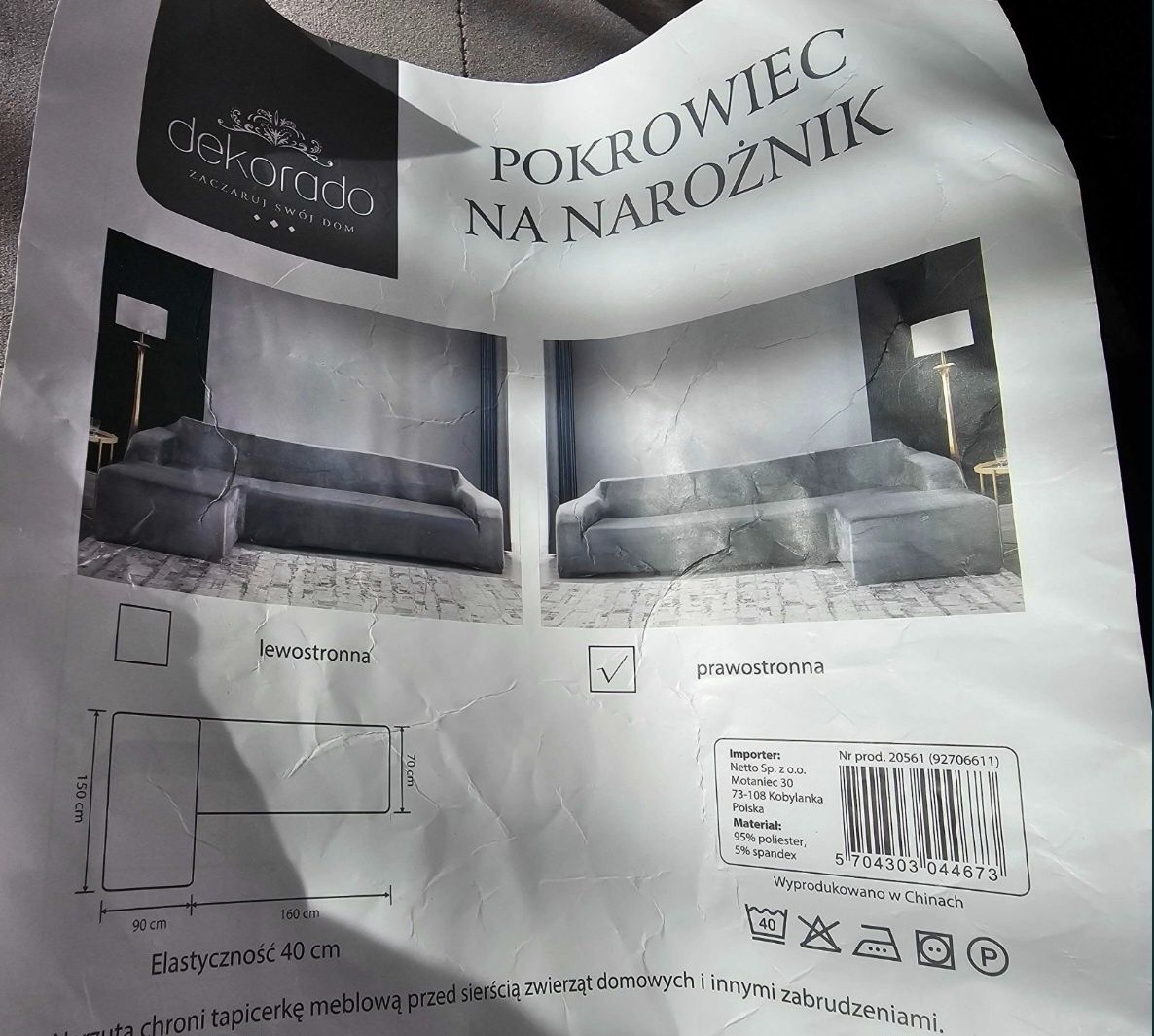 Pokrowiec na narożnik prawostronny welur szary kanapa leżanka