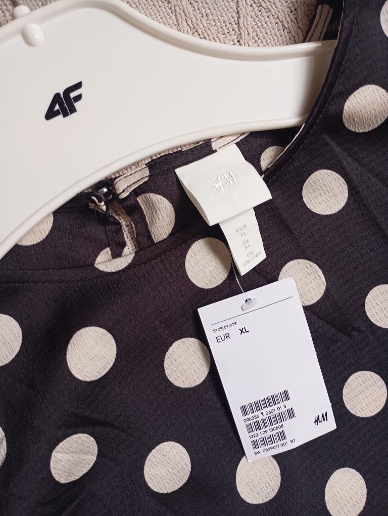 H&M XL czarna luźna NOWA długa sukienka w kremowe kropki midi maxi