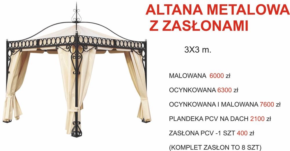 Altana metalowa ogrodowa z zasłonami w  kwadracie