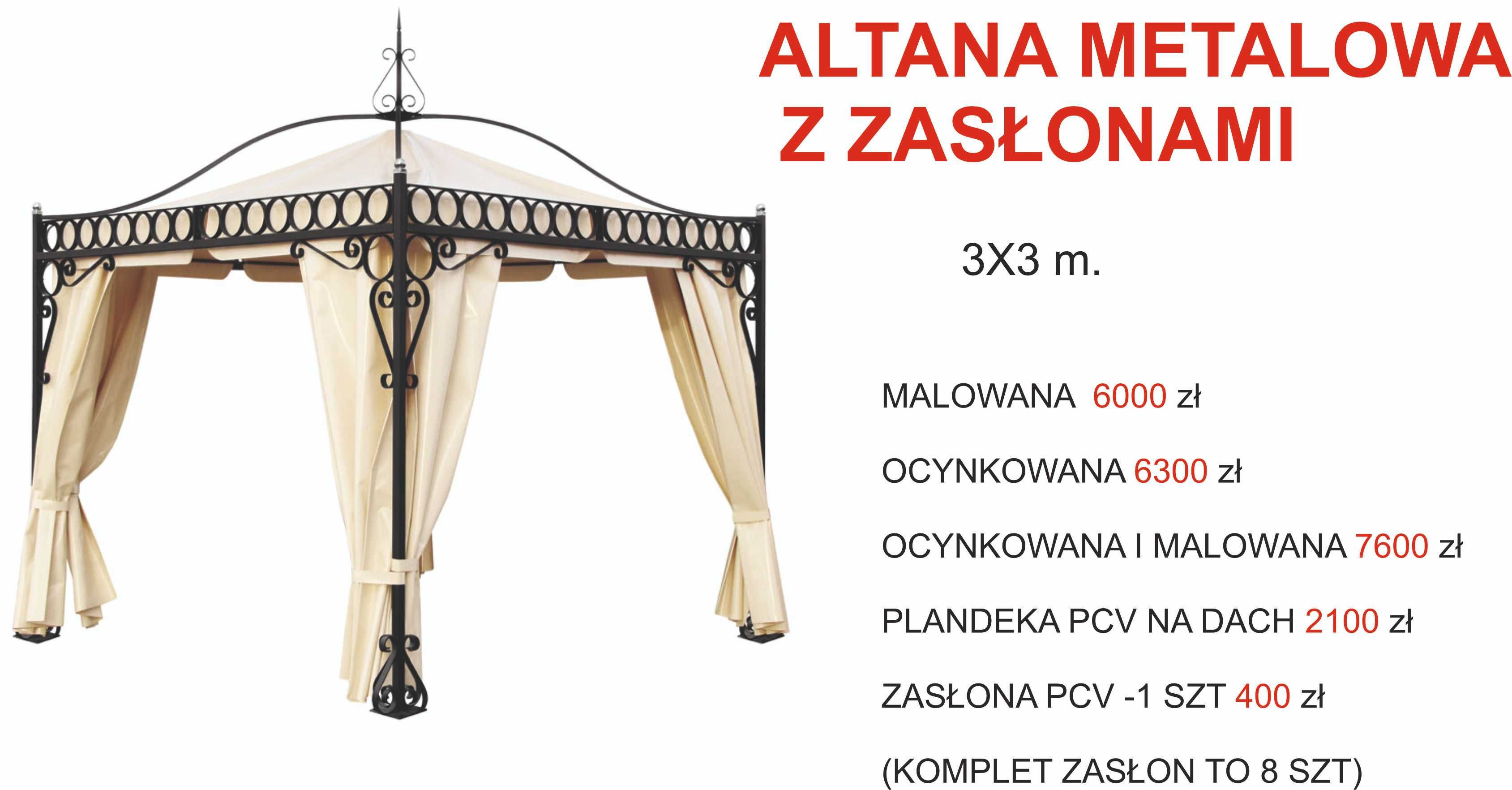 Altana metalowa ogrodowa z zasłonami w  kwadracie