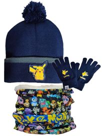 Ciepła czapka zimowa z pomponem + rękawiczki + komin Pokemon 56