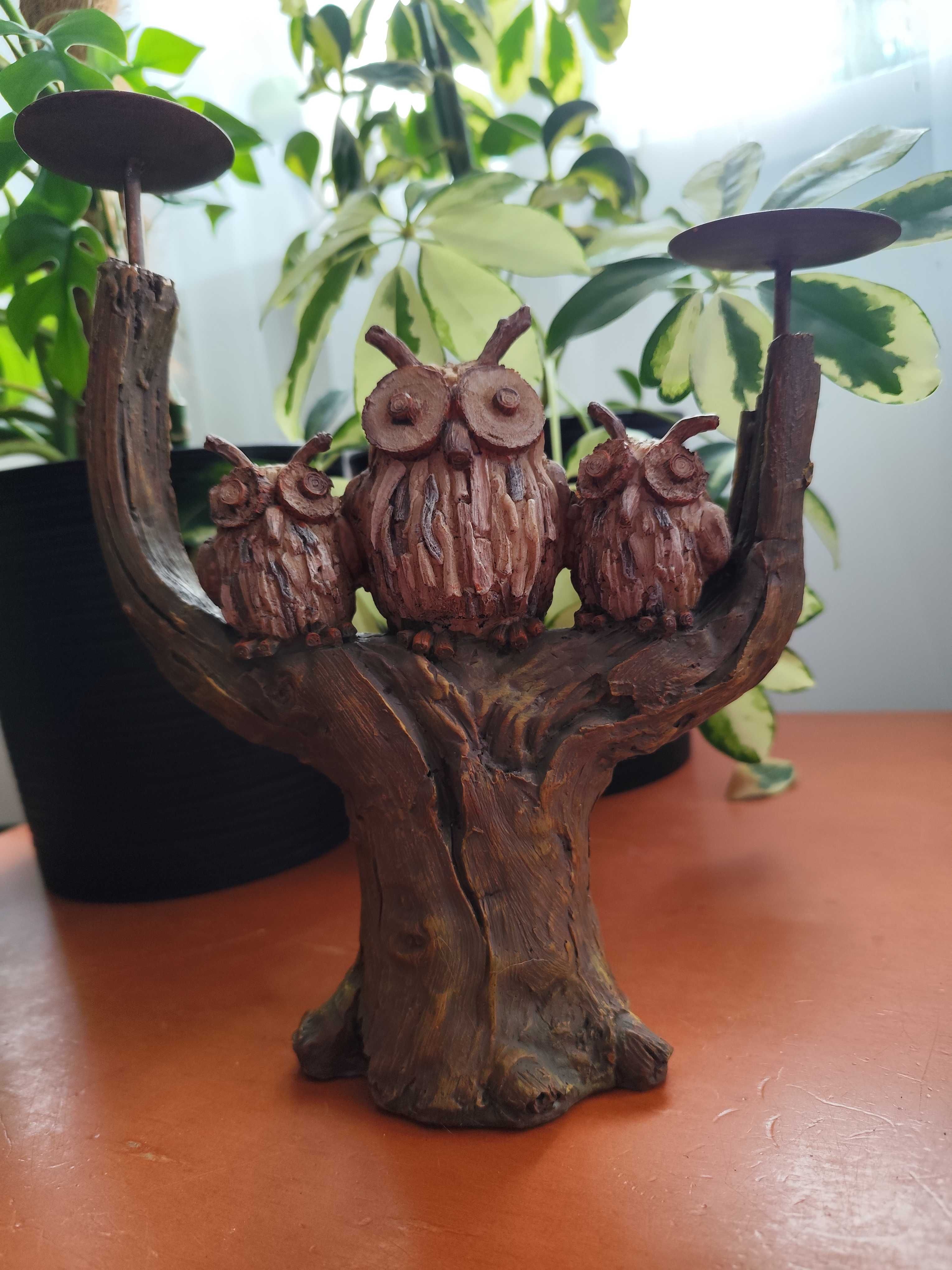 świecznik sowa na pniu, sowy, na 2 świeczki tea light