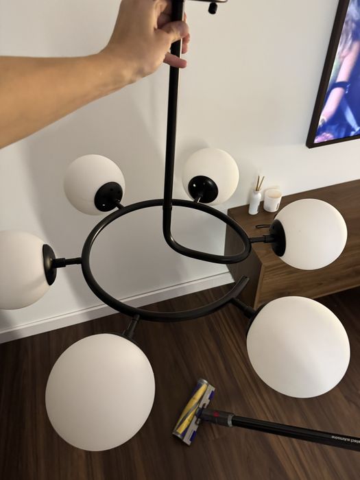 Lampa sufitowa skandynawska – żyrandol 6-ramienny, szkło i metal