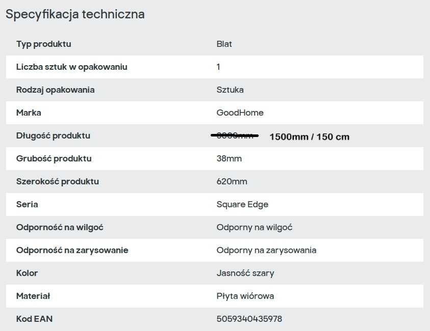 Blat laminowany GoodHome Kala 3,8 x 62 x 150 cm light grey  jasnoszary