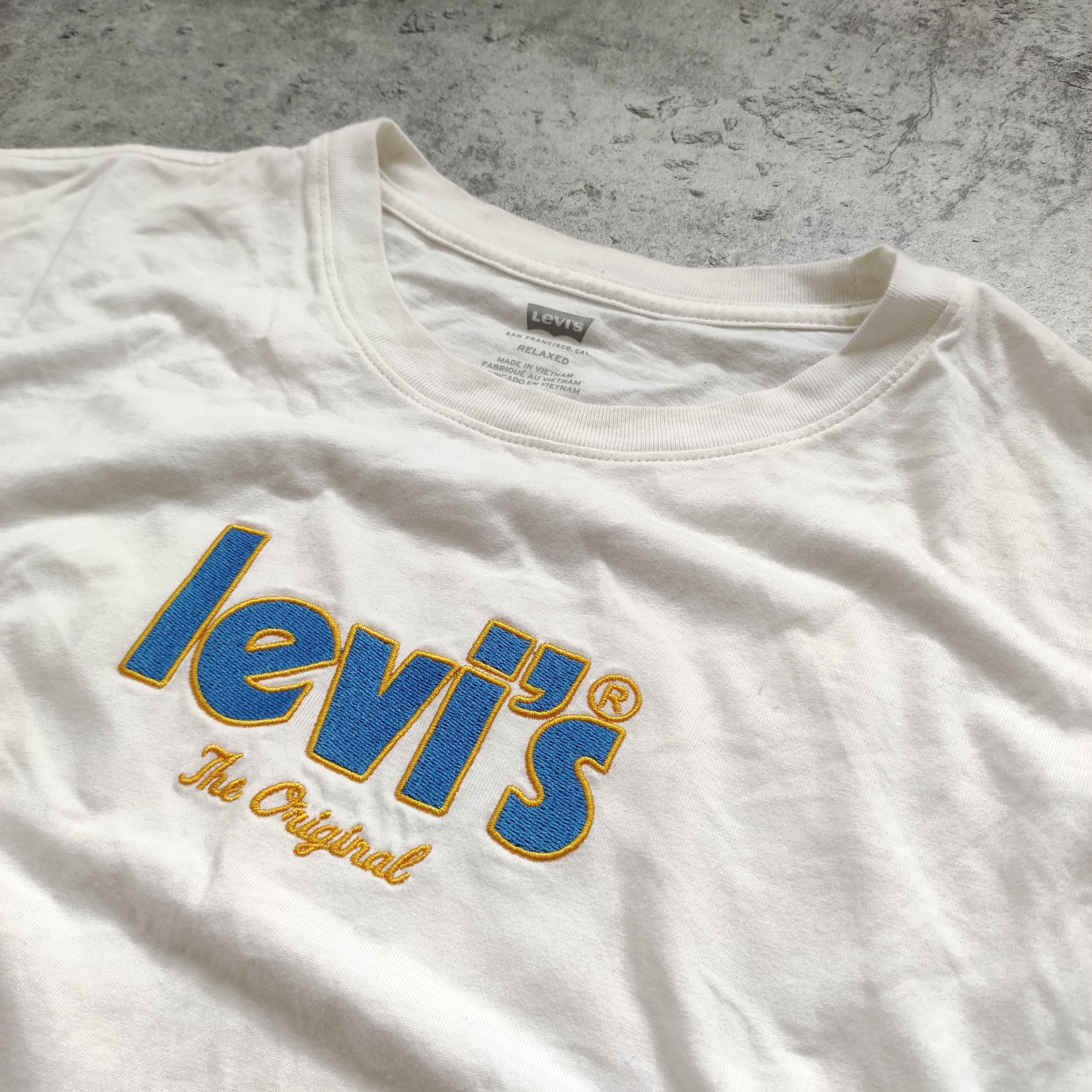MĘSKA Bawełna PREMIUM Koszulka Biała Levis Haft Logo Elegancka Casual