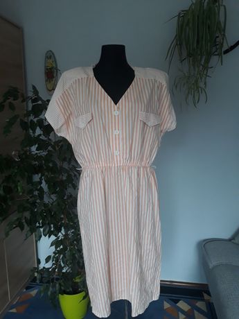 Bawełniana sukienka morelowa w paski gumka w pasie 4XL