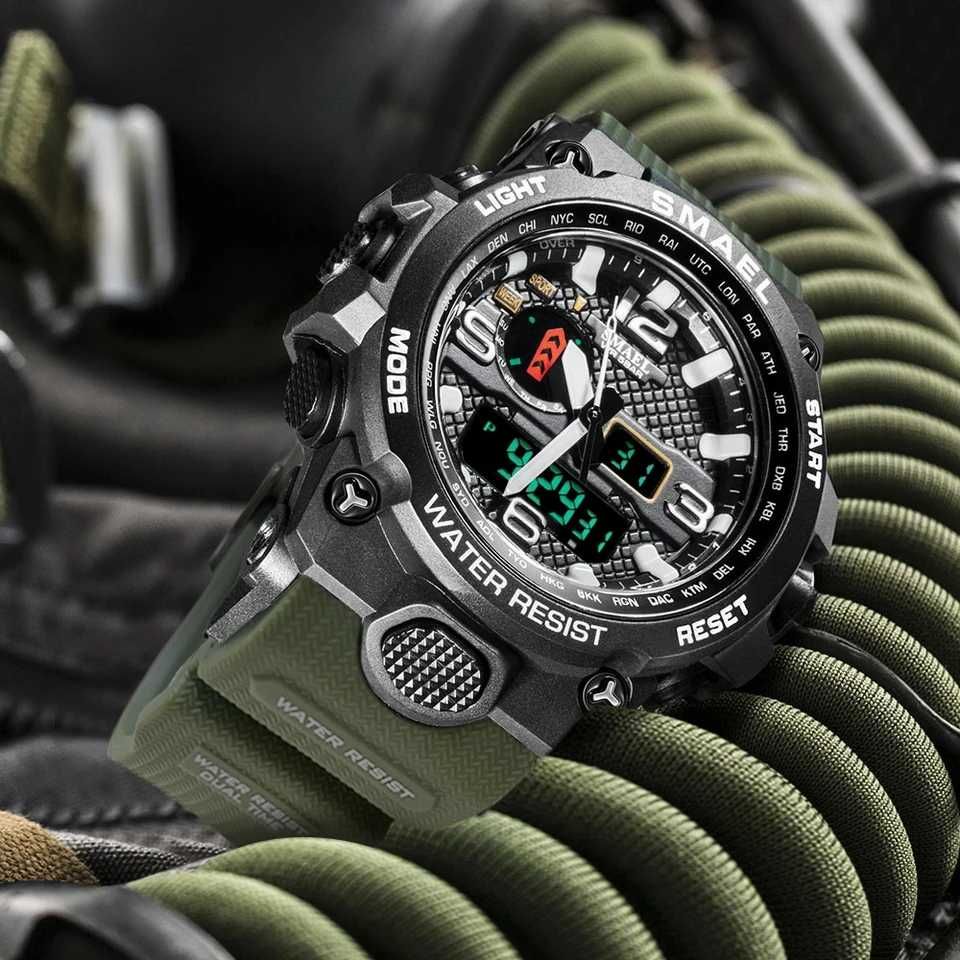Duży militarny Zegarek męski analogowy cyfrowy Smael wojskowy zielony