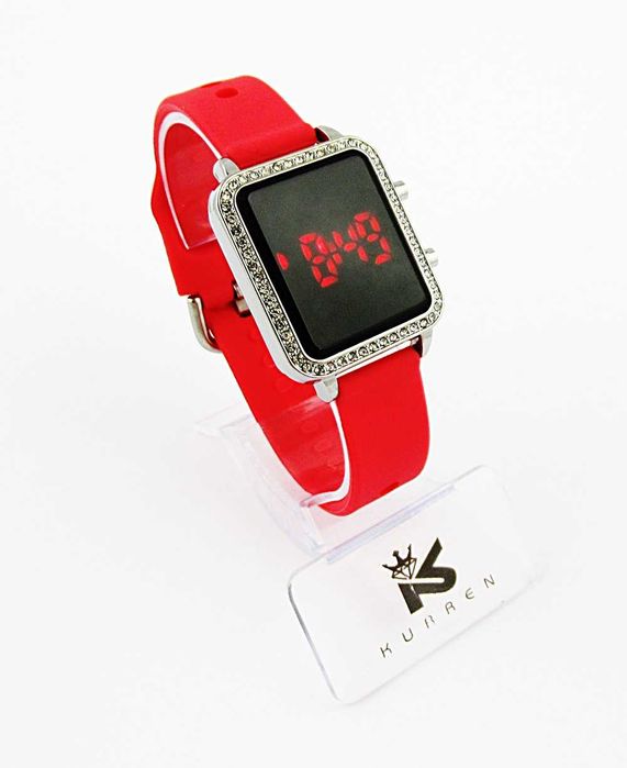 Zegarek damski LED malinowy pasek silikon tarcza cyrkonie stal ZG108