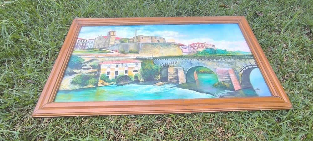 Belíssimo quadro pintura a óleo assinado com moldura em madeira dourad