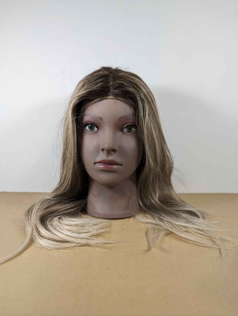 Peruka damska ombre front lace proste włosy blond odrosty brąz ~50 cm