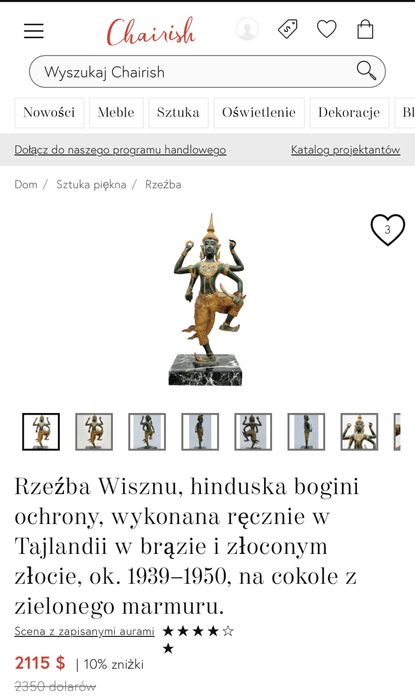 Duża Rzeźba Wisznu hinduska bogini złocony brąz Tajlandia 1939-50 Top