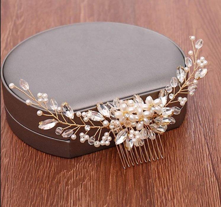 Ozdoba ślubna weselna na włosy do włosów złoto kryształy perły NOWA we