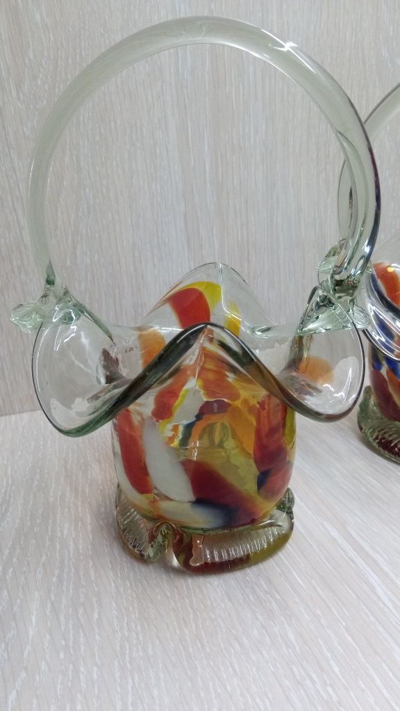 Советская конфетница ваза корзина корзинка. Цветное стекло. Винтаж