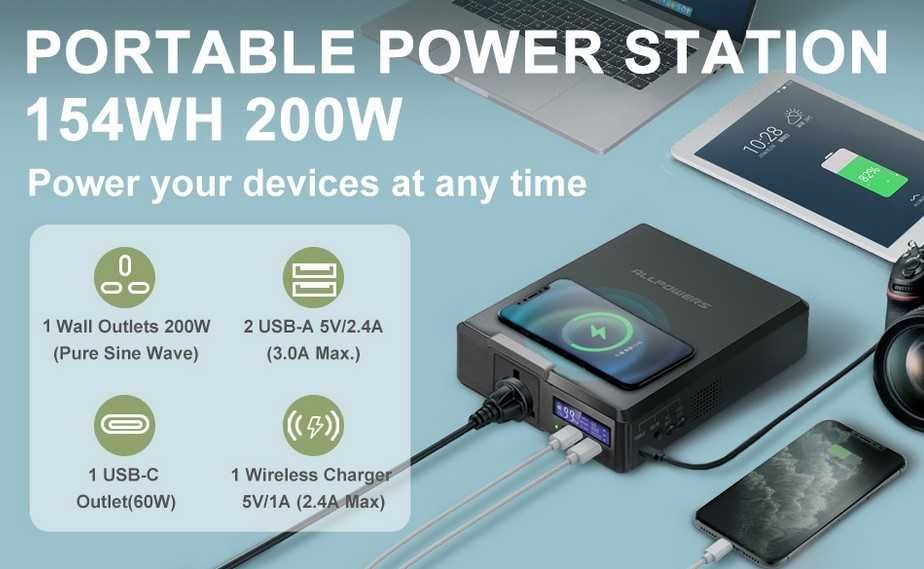 Estação Energia Portátil 200W 154Wh saída AC, USB