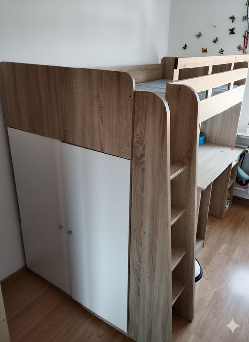 Łóżko piętrowe dziecięce z biurkiem i szafą 3w1