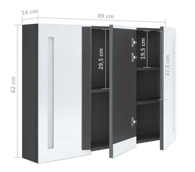 Szafka z lustrem i LED 89x14x62 cm, szara VidaXL